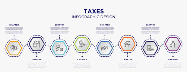 taxes concept infographic template with 8 step or option. included cooperate, hierarchical structure, commission, consult, wholesaler, officer icons for abstract background. - obrazy, fototapety, plakaty
