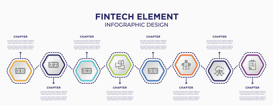 fintech element concept infographic template with 8 step or option. included low performance, rewards, charismatic, money growth, flow diagram, fintech icons for abstract background.