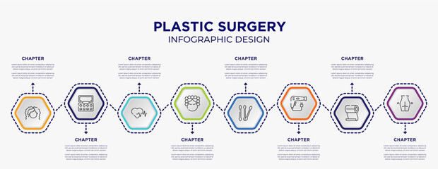 plastic surgery concept infographic template with 8 step or option. included curling hair, eyeshadow, hair curler, cotton swab, dryer, gluteus icons for abstract background.