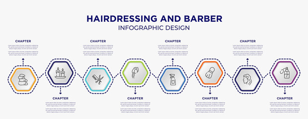 hairdressing and barber concept infographic template with 8 step or option. included hot stones, wax, woman with long hair, hair salon spray bottle and can, shaving brush, perfume icons for abstract