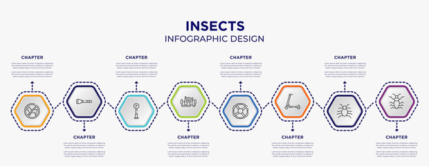 insects concept infographic template with 8 step or option. included forbidden, torch, underwater photography, lifebuoy, scooter, antlion icons for abstract background.