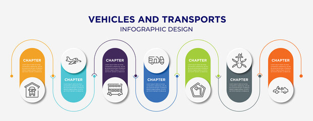 vehicles and transports concept infographic design template. included bus depot, army airplane, double decker bus, touristic, left turn, military helicopter bottom view, convertible car icons for