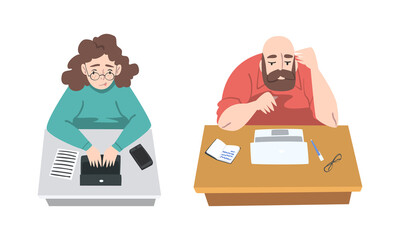 Male and female authors writing articles set. Writers typing on laptop computer cartoon vector illustration