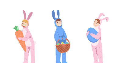 People celebrating Easter set. Children wearing bunny costumes carrying wicker basket with Easter eggs and carrot cartoon vector illustration