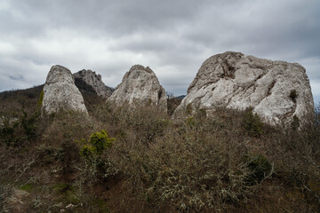 View of Stones of Temple of the Sun, Tyshlar rocks. Crimea