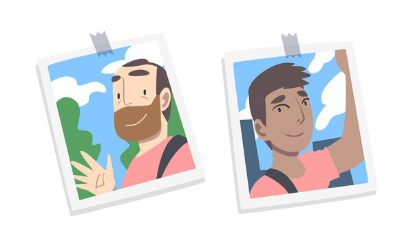 Photos of people pinned to wall set. Selfie portraits of cheerful men cartoon vector illustration