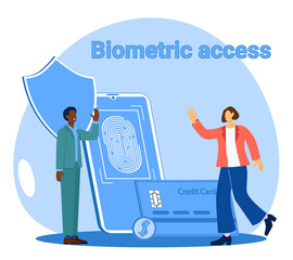 Biometric access.People on the background of a smartphone with biometric access enjoy secure boot.Vector illustration.