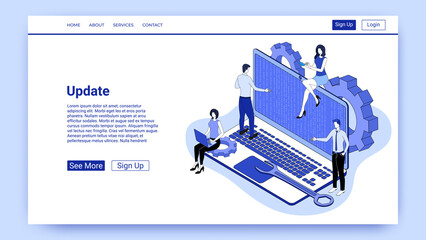 Update.People on the background of a laptop are updating the operating system . The concept of digital product support.An illustration in the style of the landing page is blue.