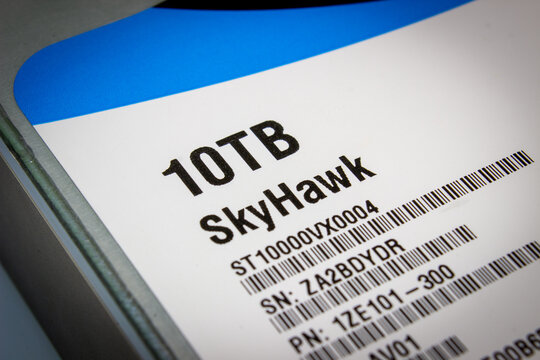 Sochi, Russia - April 21 2022: Large capacity hard disk. 10 TB surveillance video recording hdd from Seagate company from SkyWahk series. 