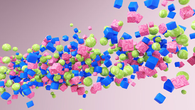 3d illustration. concept of abstract idea. Group of colorful cubes flying in the air