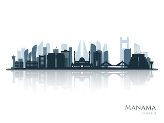 Manama skyline silhouette with reflection. Landscape Manama, Bahrain. Vector illustration.