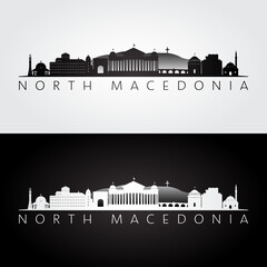 Naklejka premium North Macedonia skyline and landmarks silhouette, black and white design, vector illustration.
