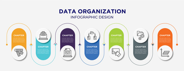 data organization concept infographic design template. included color scheme, cam, grades, file sharing, touchscreen, folder management, frequency graph icons for abstract background.