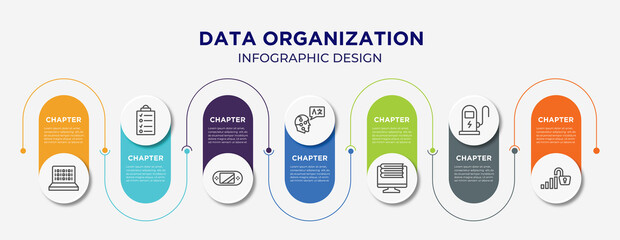 data organization concept infographic design template. included binary code, data list, handheld console, translation, online library, electric station, open data icons for abstract background.