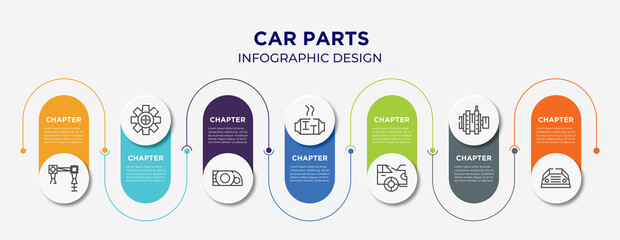 car parts concept infographic design template. included car torsion bar, car sprocket, headlight, catalytic converter, boot, alternator, parcel shelf icons for abstract background.