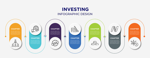 investing concept infographic design template. included organization chart, receive, best price, fallen, gold ingots, nasdaq, marijuana icons for abstract background.