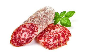 Italian salami with mold, Barolo salami, isolated on white background.