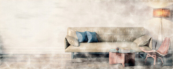 Sofa with Deco & Wall Mock Up -  watercolor painting