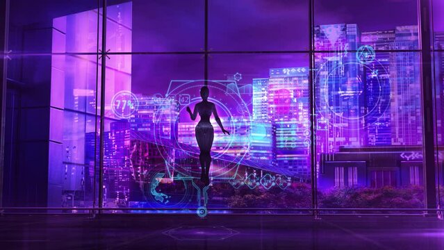 Fantasy plot with android and bioengineering infographics, 3D render