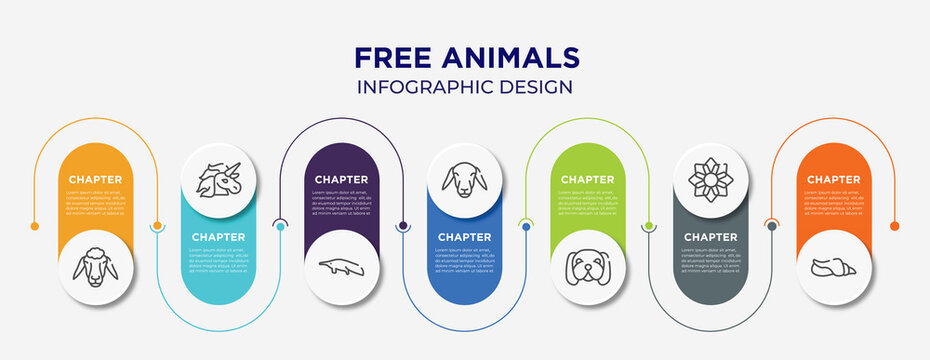 free animals concept infographic design template. included sheep head, unicorn, sitting anteater, female sheep head, null, angular flower, seashell conch icons for abstract background.