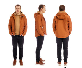 front, side and back view of full length handsome man in brown jacket isolated on white