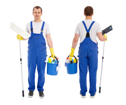 front and back view of male cleaner in blue uniform and yellow gloves holding mop and bucket with cleaning equipment isolated on white background