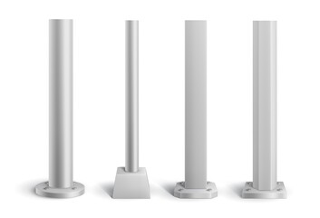 Isolated steel metal poles and pillars. Realistic vector pipes on stands, 3d elements of sign post, street billboard or construction columns, iron, silver or aluminum pole mockup