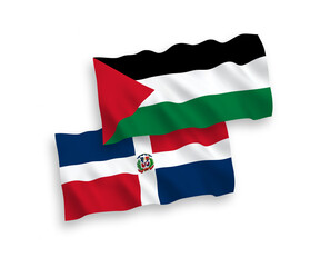National vector fabric wave flags of Dominican Republic and Palestine isolated on white background. 1 to 2 proportion.