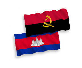 National vector fabric wave flags of Kingdom of Cambodia and Angola isolated on white background. 1 to 2 proportion.