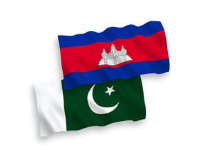 Fototapeta premium National vector fabric wave flags of Kingdom of Cambodia and Pakistan isolated on white background. 1 to 2 proportion.