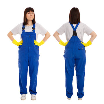 front and back view of young beautiful woman in blue uniform and yellow gloves isolated on white background