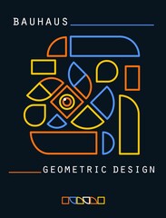Bauhaus style flye. Journal magazine album cover with abstract geometric 2d contour shapes and eye. Banner template with set of simple colorful forms. Vector card illustration on black background