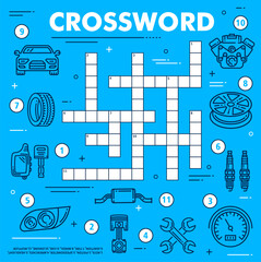 Car service and spare parts crossword grid worksheet, vector find word quiz game. Kids education riddle crossword to guess word of speedometer, car tires and engine with ignition and vehicle wrench - obrazy, fototapety, plakaty