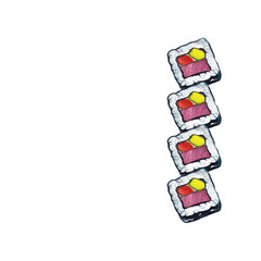 Sushi rolls in nori, stuffing with fish and vegetables. Watercolor illustration isolated. Asian cuisine.