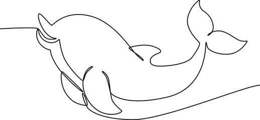 Continuous one line drawing funny dolphin on white. international ocean day. Single line draw design vector graphic illustration.