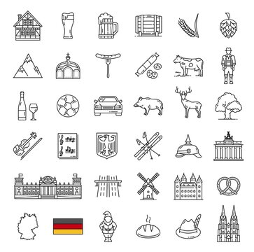 Germany landmarks, food, industry and travel outline icons. Vector German flag and map, Oktoberfest beer, sausages, Bavarian costume, pretzel and hunting hat, Berlin architecture, heraldic eagle