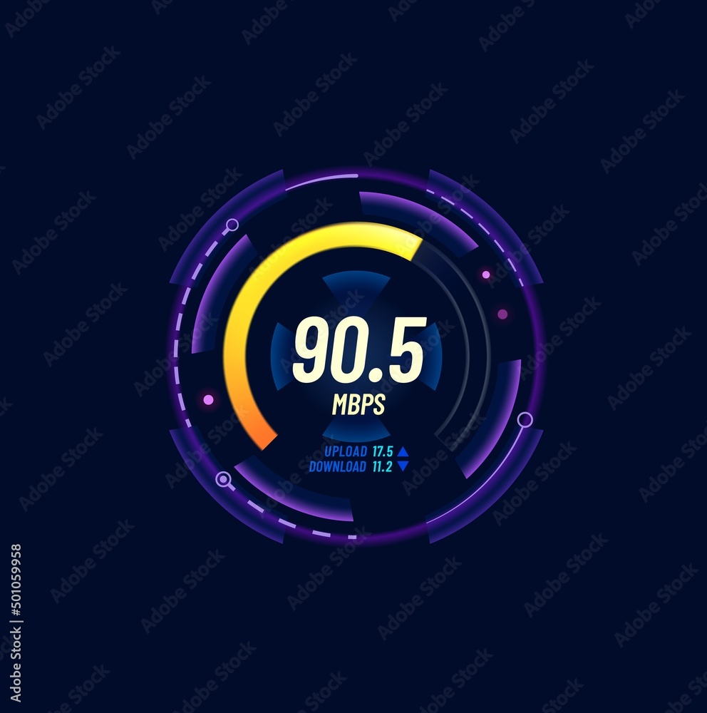 Aufkleber Internet bandwidth test, network speed meter or connection signal level indicator. Web data upload or download speed futuristic dial, Wi-Fi strength checkout service neon gauge or interface icon