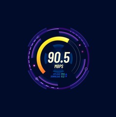 Internet bandwidth test, network speed meter or connection signal level indicator. Web data upload or download speed futuristic dial, Wi-Fi strength checkout service neon gauge or interface icon - obrazy, fototapety, plakaty
