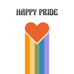 LGBT groovy rainbow with heart. Happy Pride Month greeting card template with retro text. Homosexual rights awareness. Queer symbol in retro style. Vector illustration in flat style isolated on white.