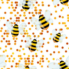 Seamless pattern with bees on white honeycomb background. Small wasp. Vector illustration. Adorable cartoon character. Template design for invitation, cards, textile, fabric. Doodle style