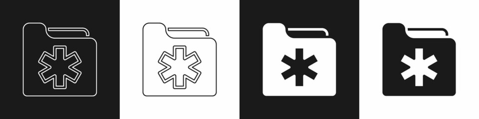 Fototapeta premium Set Medical health record folder for healthcare icon isolated on black and white background. Patient file icon. Medical history symbol. Vector