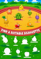 Find a suitable silhouette, cartoon fruits characters on yoga. Vector kids shadow match game worksheet riddle with mandarin, pineapple, quince and watermelon. Pear, plum, orange and apple on stadium