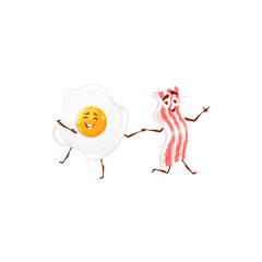 Cartoon funny egg and bacon dancing characters. Cute vector food personages having fun dance and rejoice together. Isolated breakfast ingredients love, friendship, kawaii friends rejoice