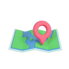 A red pin pinned to a paper map. route finder concept. 3D Rendering.