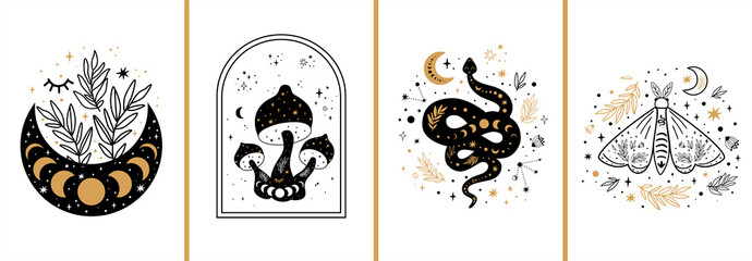 Celestial cards set. Mystical boho floral moon, mushroom, moth, moon serpent. Mystic celestial elements collection. Esoteric logo. Black gold color Witchcraft banner Floral snake vector illustration. © Tani Kuzminka