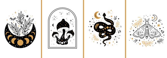 Celestial cards set. Mystical boho floral moon, mushroom, moth, moon serpent. Mystic celestial elements collection. Esoteric logo. Black gold color Witchcraft banner Floral snake illustration.
