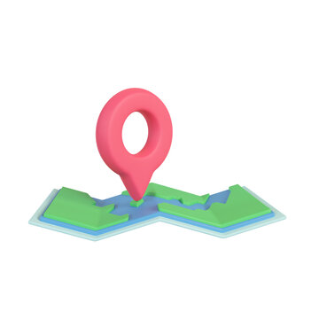 A red pin pinned to a paper map. route finder concept. 3D Rendering.