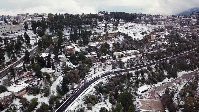 Safed the old Jewish city n northern Israel covered in snow.. Aerial Drone View.