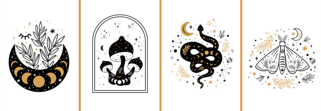 Celestial cards set. Mystical boho floral moon, mushroom, moth, moon serpent. Mystic celestial elements Esoteric logo
