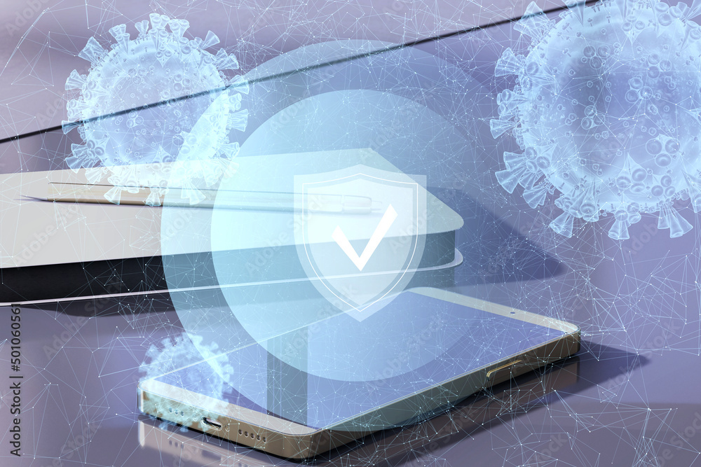 Poster close up of mobile phone and notepad on desktop with antivirus protection on blurry background. cybe